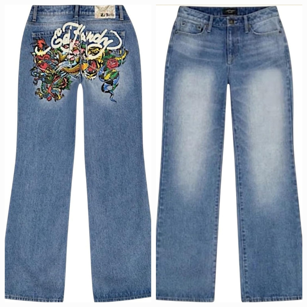 Ed Hardy Embroidered Blue Flare  Women’s Baggy Jeans WEHD8100-3